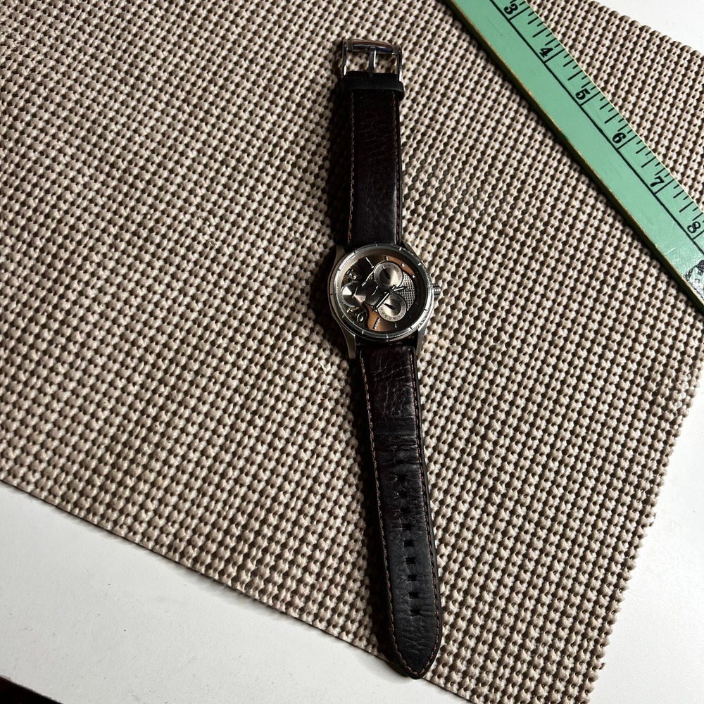 Fossil Twist ME-1020 Mens Watch Brown Leather Strap Skeleton Dial Stainless